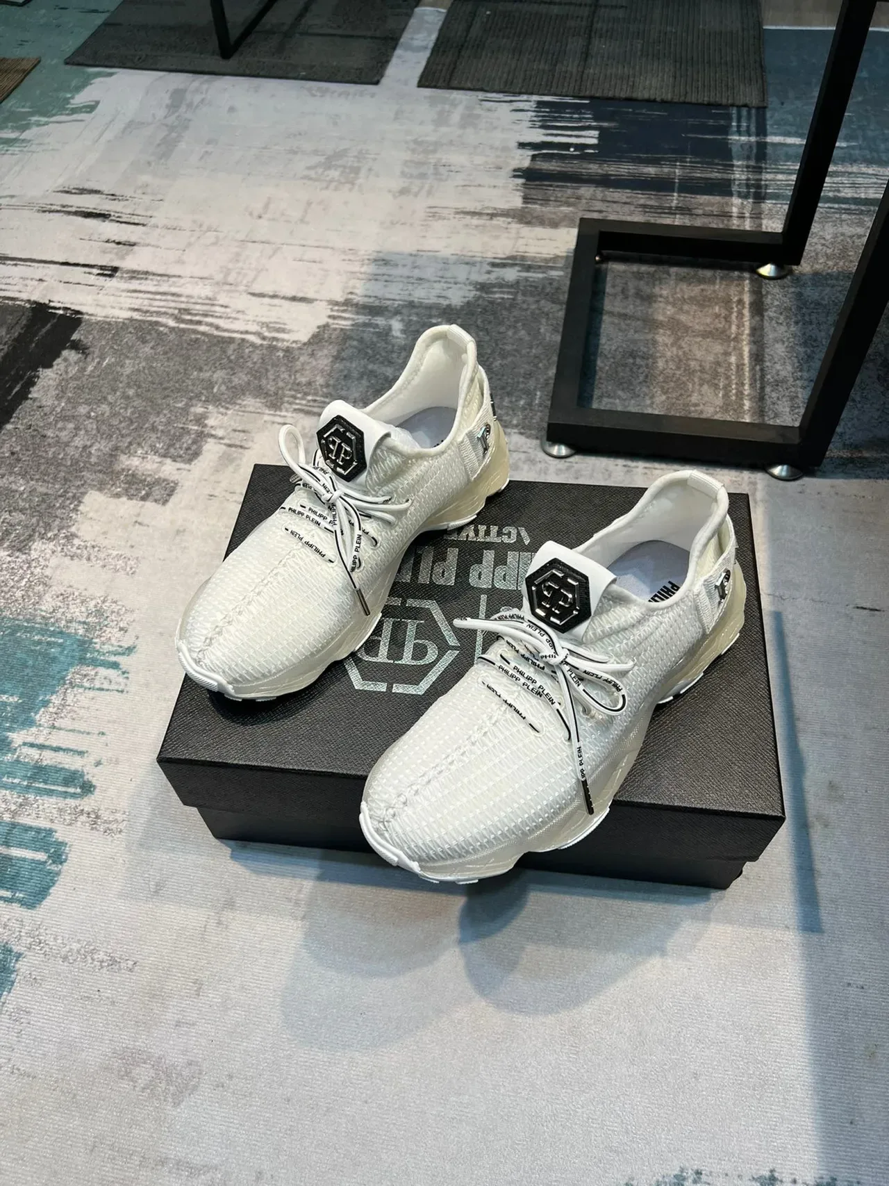 Philipp Plein Big Bang Tênis Chunky Branco Preto Upper Tricô Sola Esculpida 4