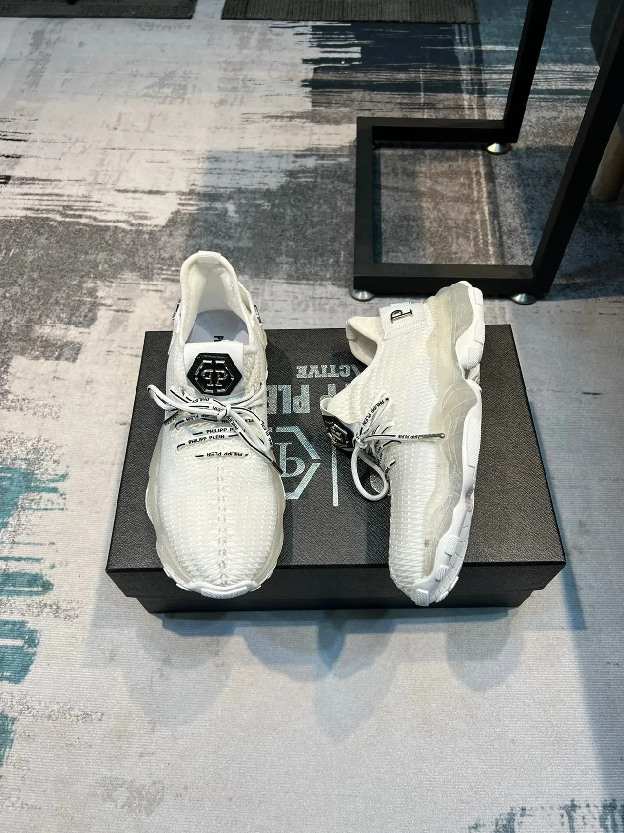 Philipp Plein Big Bang Tênis Chunky Branco Preto Upper Tricô Sola Esculpida 5