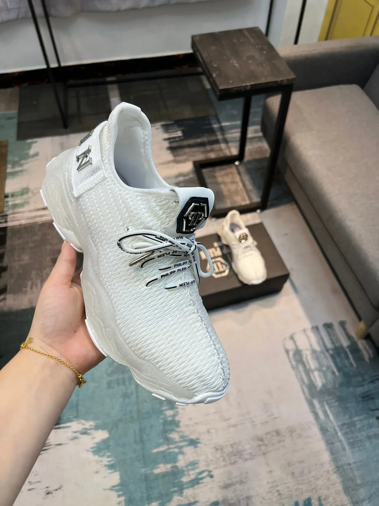 Philipp Plein Big Bang Tênis Chunky Branco Preto Upper Tricô Sola Esculpida 6