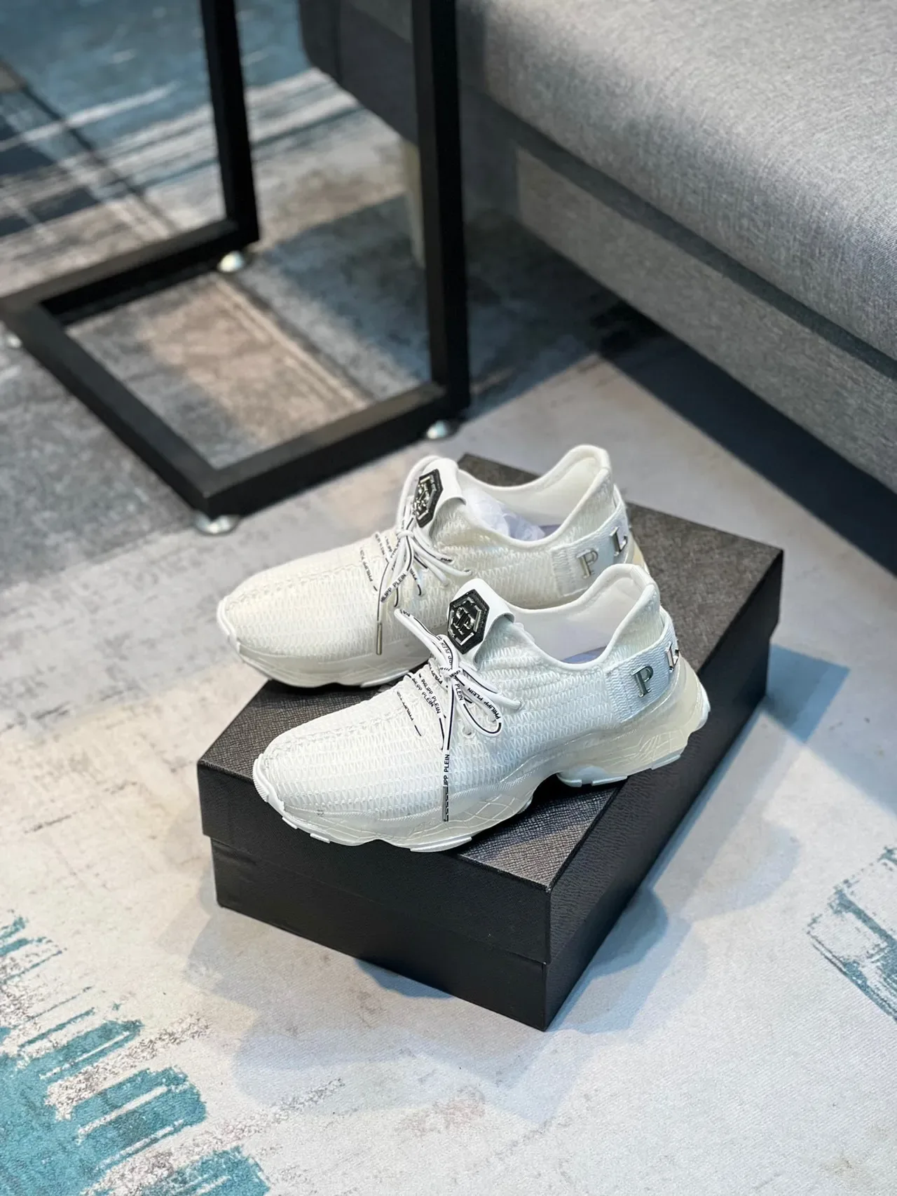 Philipp Plein Big Bang Tênis Chunky Branco Preto Upper Tricô Sola Esculpida 8