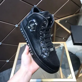 Philipp Plein Black Silver High-Top Pebbled Leather Lifestyle Sneakers