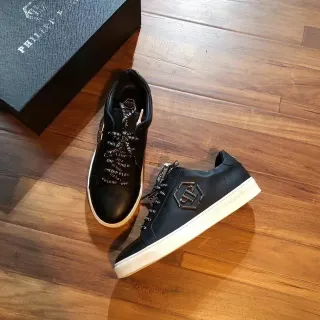 Philipp Plein Black White Leather Upper Hexagonal Logo Plaque Lifestyle Sneakers