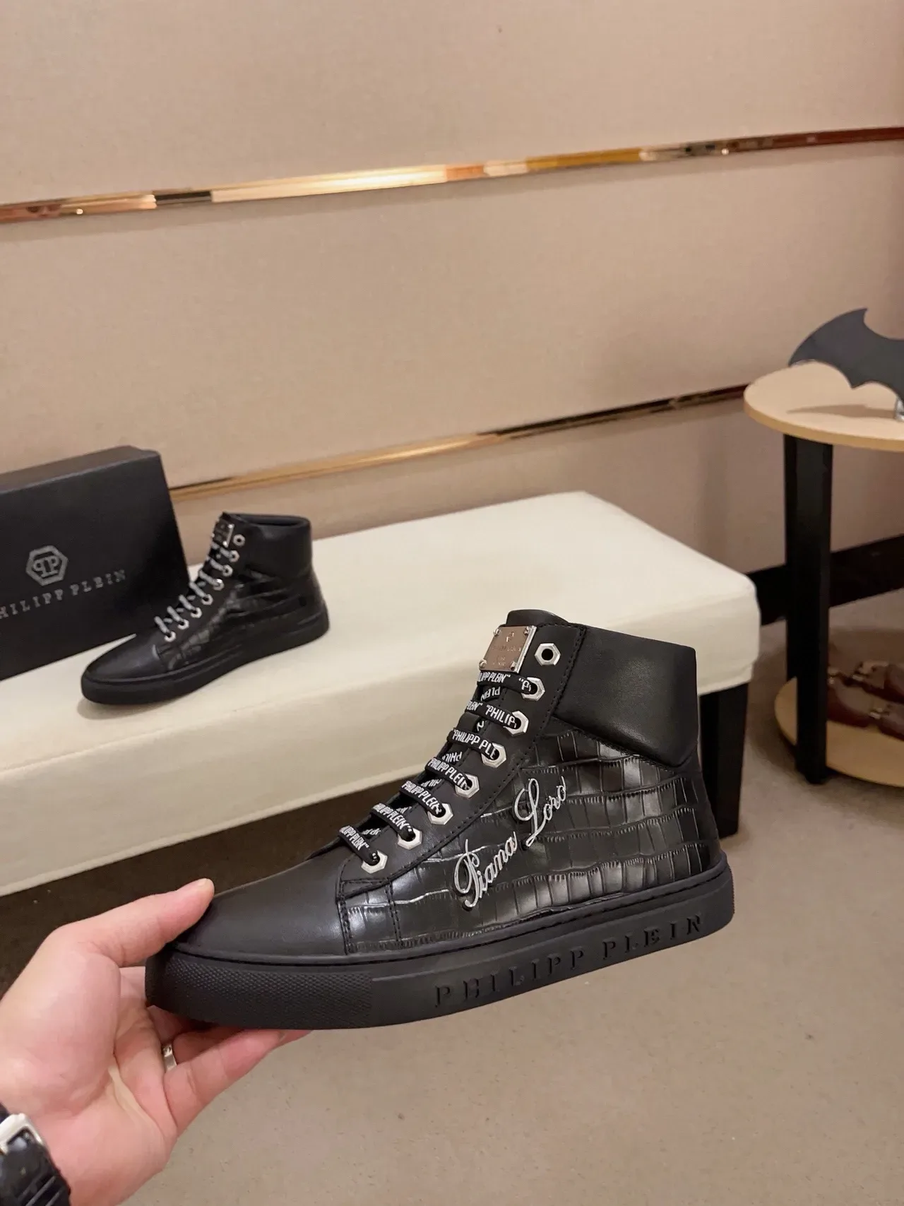 Philipp Plein Gianna Lord Black Silver High-Top Crocodile-Embossed Leather Lifestyle Sneakers 4