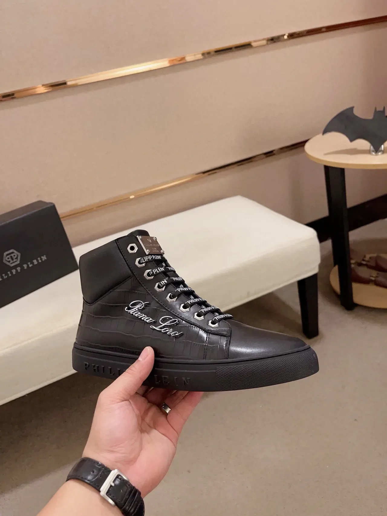 Philipp Plein Gianna Lord Black Silver High-Top Crocodile-Embossed Leather Lifestyle Sneakers 5