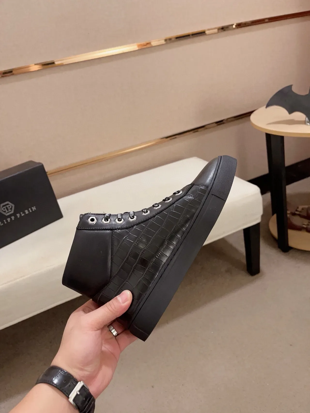 Philipp Plein Gianna Lord Black Silver High-Top Crocodile-Embossed Leather Lifestyle Sneakers 6