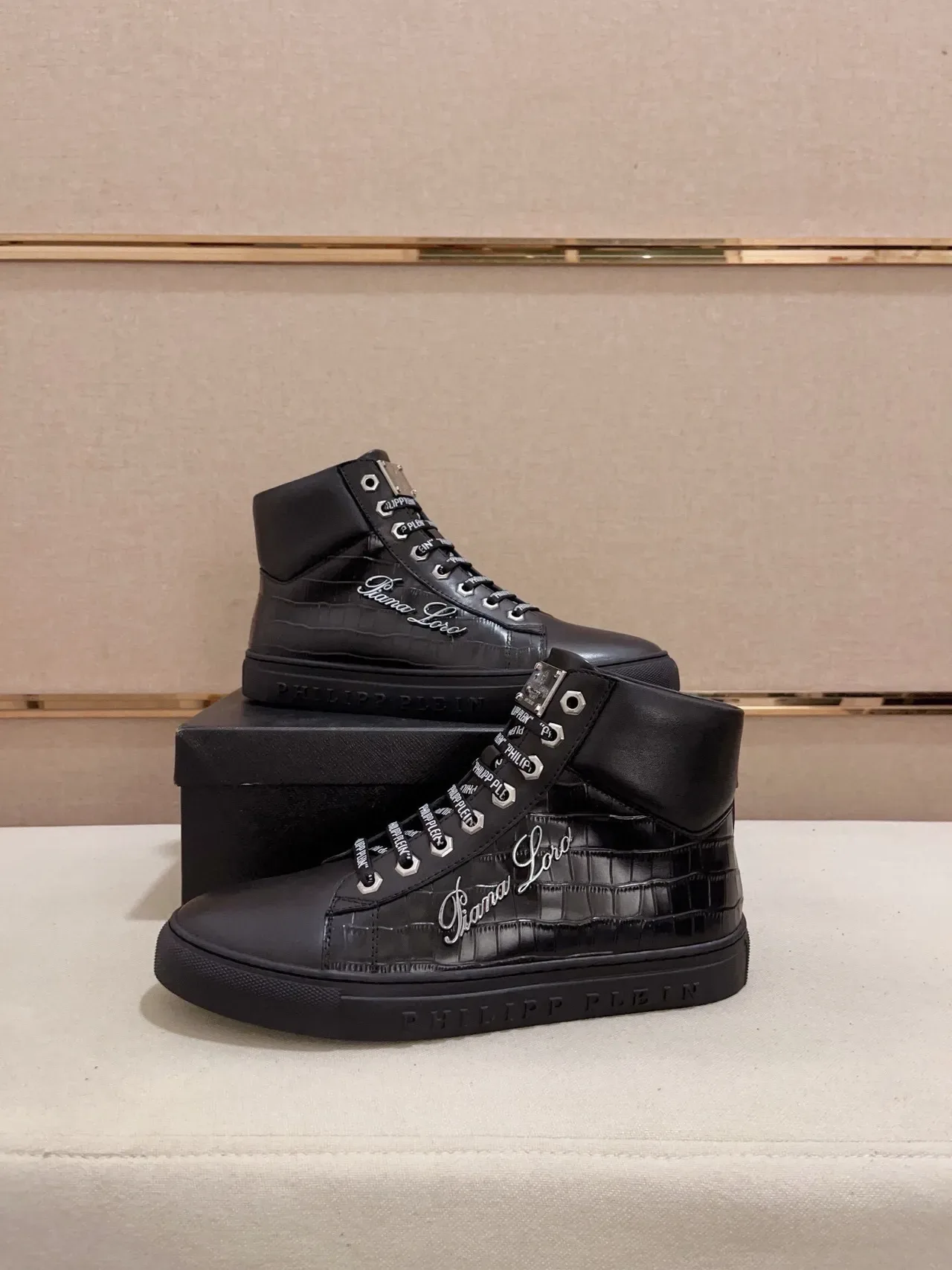 Philipp Plein Gianna Lord Black Silver High-Top Crocodile-Embossed Leather Lifestyle Sneakers 8