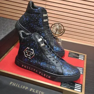 Philipp Plein High-Top Ostrich-Textured Black Blue Lifestyle Sneakers