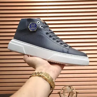 Philipp Plein Navy White High-Top Pebbled Leather Upper Lifestyle Sneakers