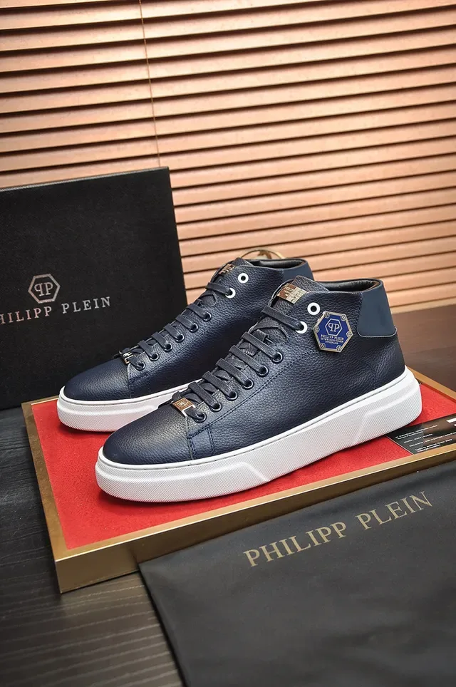 Philipp Plein Navy White Tênis Lifestyle de Couro Granulado de Cano Alto 7