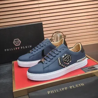 Philipp Plein Navy White Leather Studded Hexagonal Logo Lifestyle Sneakers