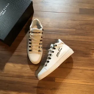 Philipp Plein Rockstar White Silver Leather Metallic Plate Lacing System Lifestyle Sneakers