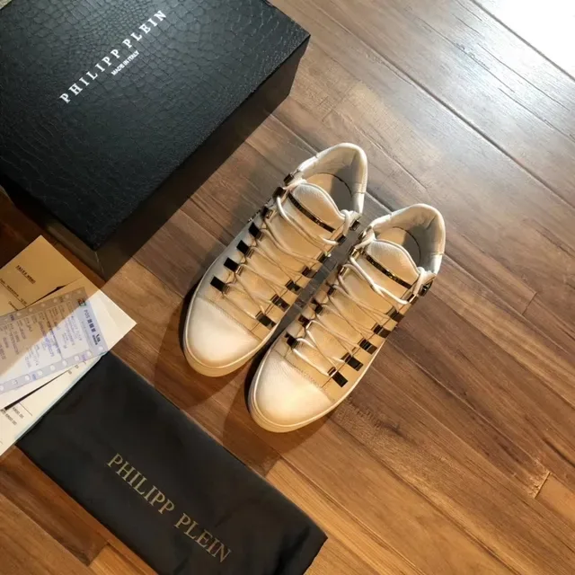 Philipp Plein Rockstar Tênis Lifestyle Branco Prata Couro Sistema De Cadarços Com Placa Metálica 2