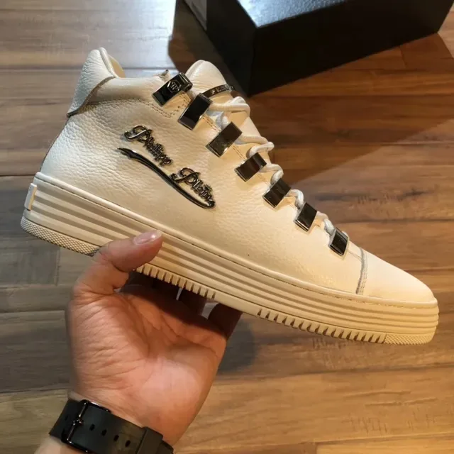 Philipp Plein Rockstar Tênis Lifestyle Branco Prata Couro Sistema De Cadarços Com Placa Metálica 5