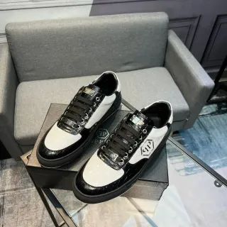 Philipp Plein Sport Black White Patent Croc-Embossed Overlays Textured Panels Lifestyle Sneakers