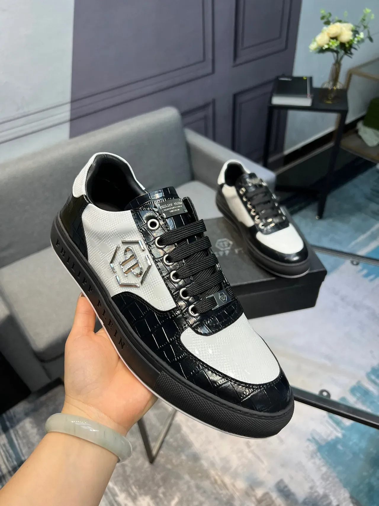 Philipp Plein Sport Black White Patent Croc-Embossed Overlays Textured Panels Lifestyle Sneakers 5