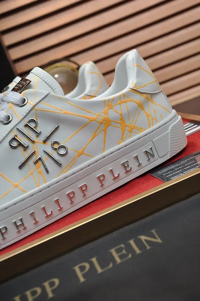 Philipp Plein White and Yellow Abstract Print Leather Sneaker 2