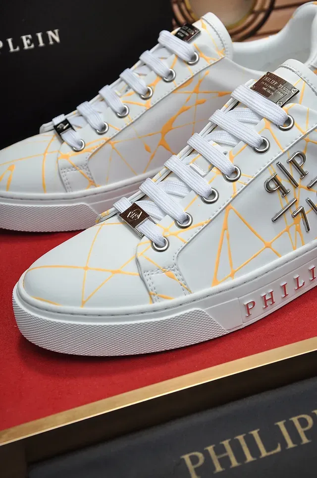 Philipp Plein White and Yellow Abstract Print Leather Sneaker 3