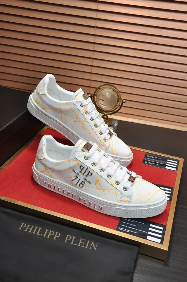Philipp Plein White and Yellow Abstract Print Leather Sneaker 4