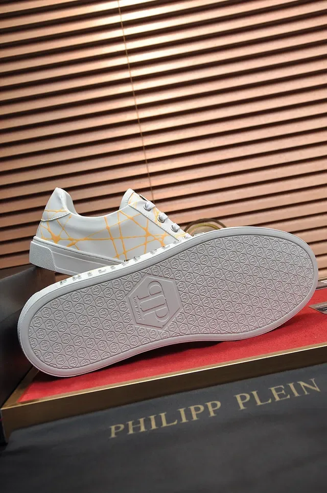 Philipp Plein White and Yellow Abstract Print Leather Sneaker 5