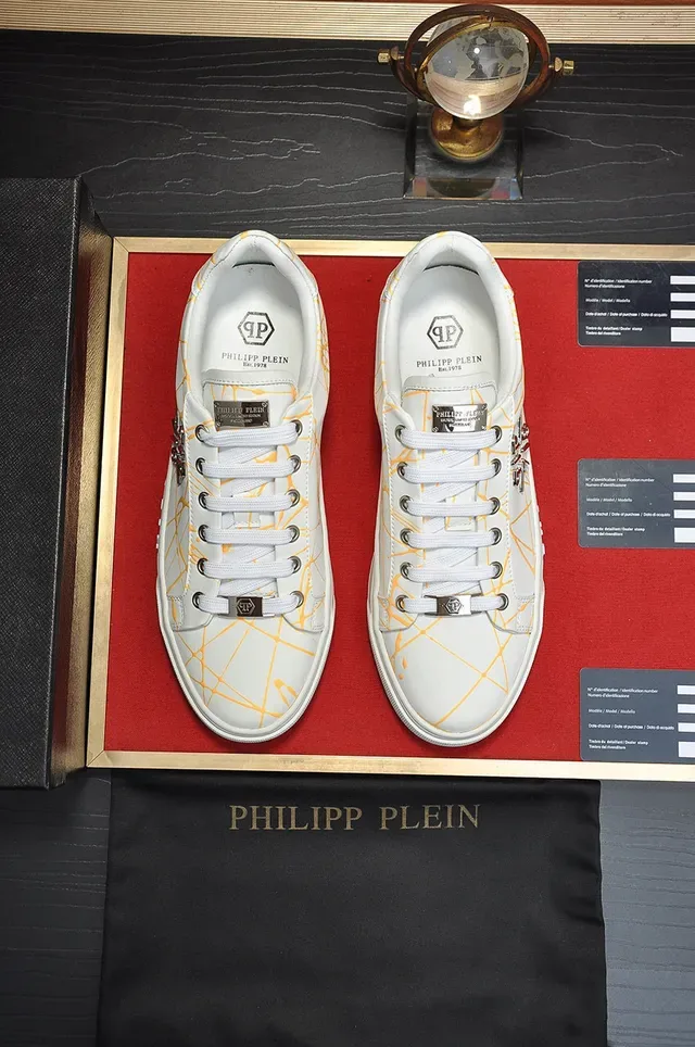 Philipp Plein White and Yellow Abstract Print Leather Sneaker 9