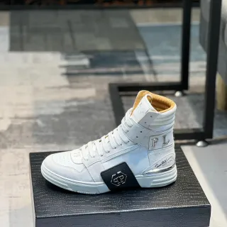 Philipp Plein White Black High-Top Leather-Suede Hybrid Lifestyle Sneakers