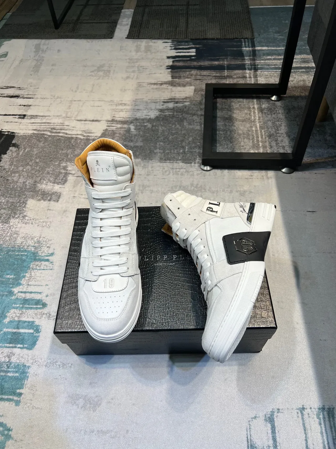 Philipp Plein White Black High-Top Leather-Suede Hybrid Lifestyle Sneakers 4