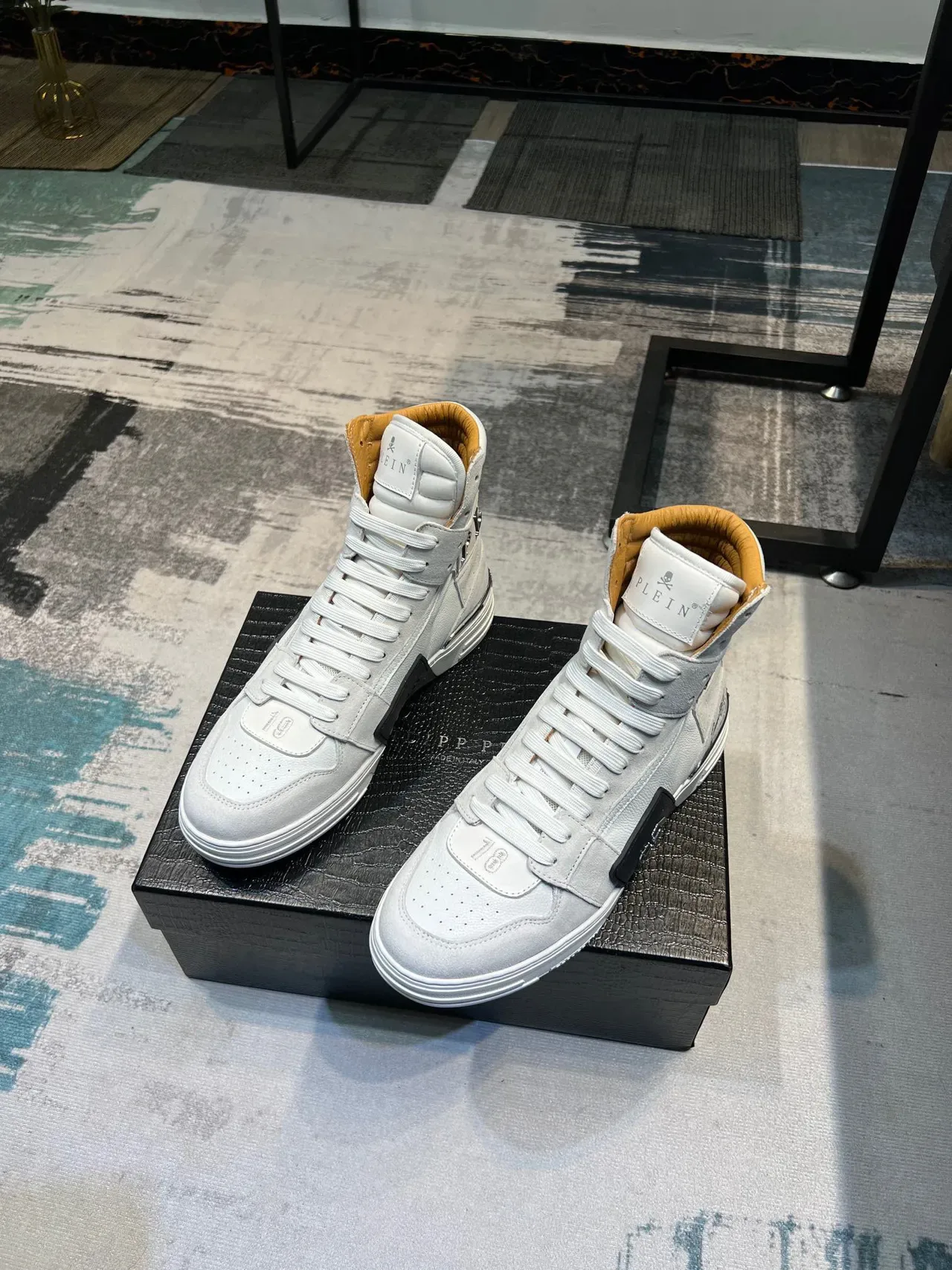 Philipp Plein White Black High-Top Leather-Suede Hybrid Lifestyle Sneakers 5