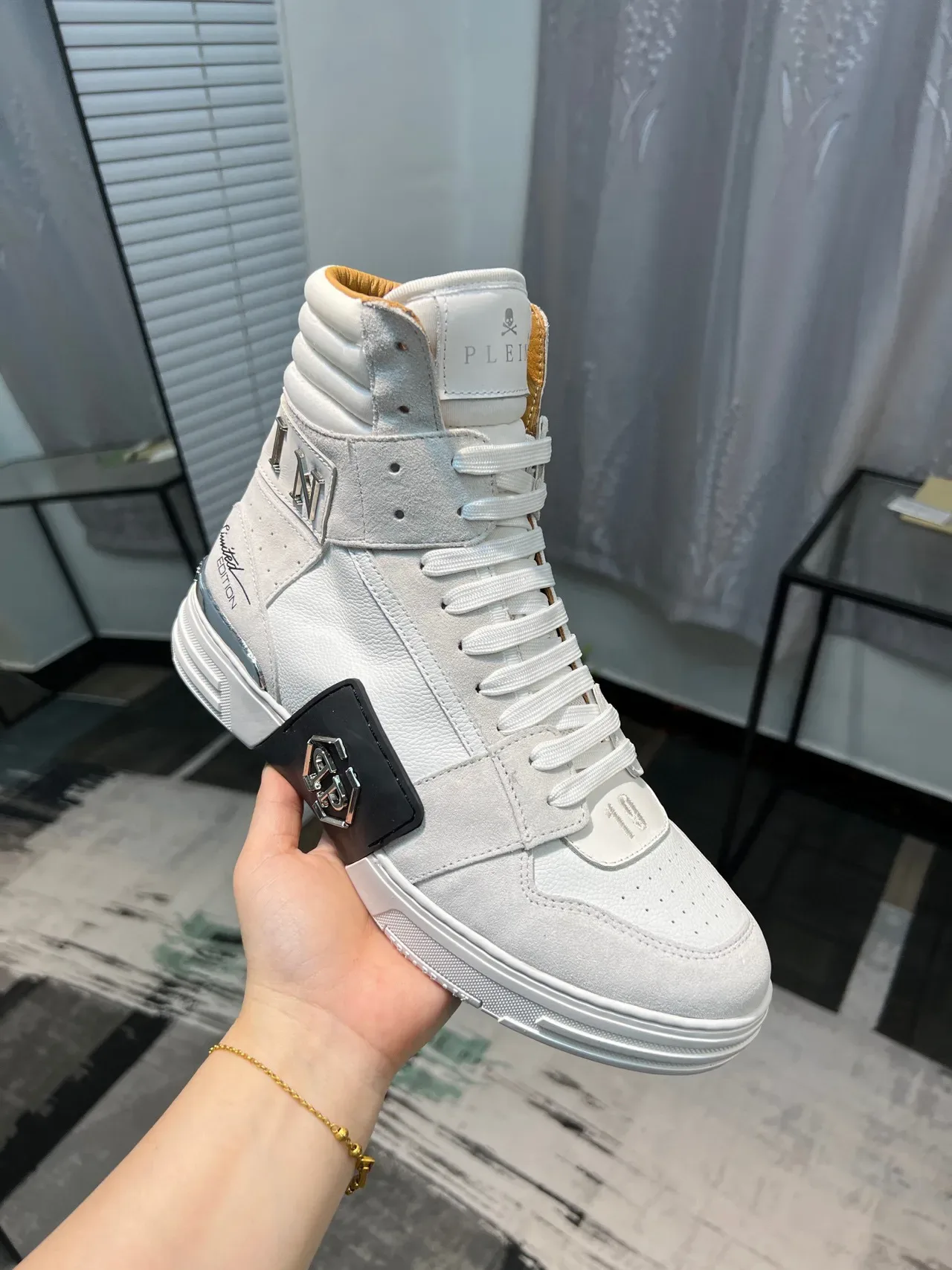 Philipp Plein White Black High-Top Leather-Suede Hybrid Lifestyle Sneakers 6