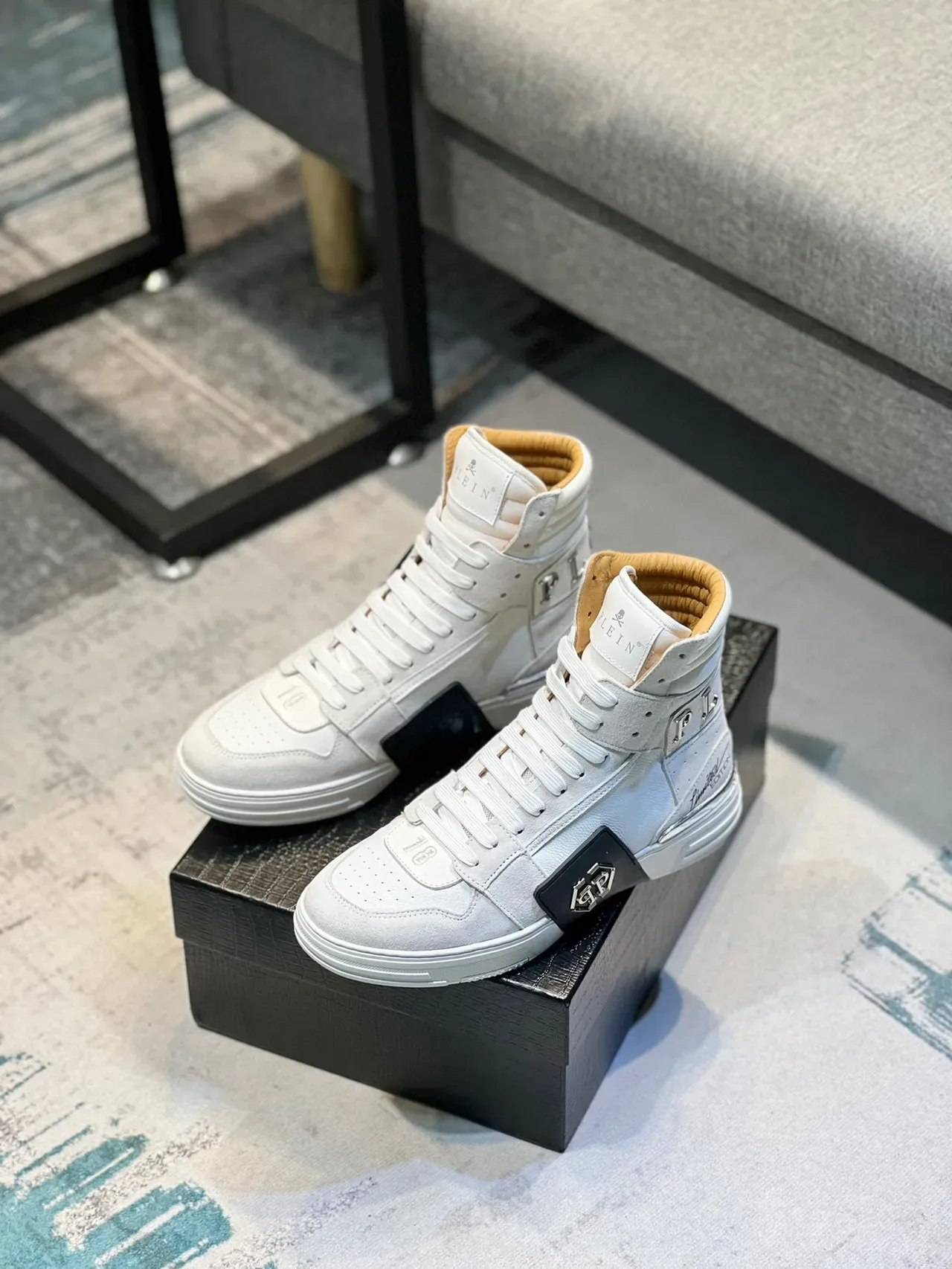 Philipp Plein White Black High-Top Leather-Suede Hybrid Lifestyle Sneakers 8