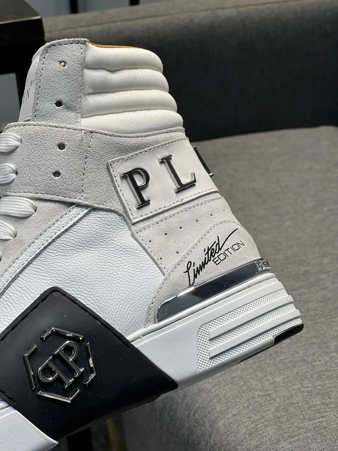 Philipp Plein White Black High-Top Leather-Suede Hybrid Lifestyle Sneakers 9