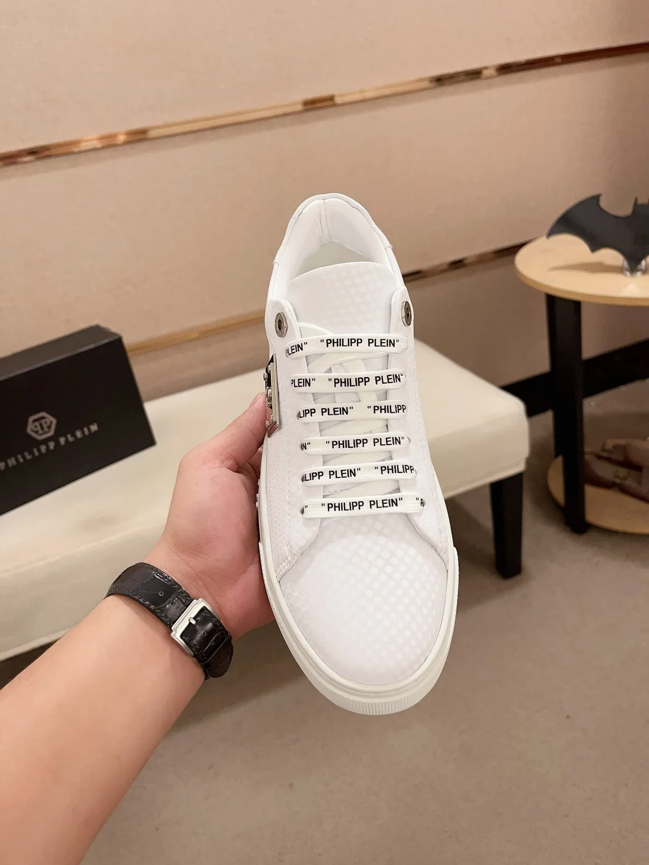 Philipp Plein Chaussures Lifestyle Blanc Vert Empeigne En Cuir Texturé Lacets Tressés Marqués 2