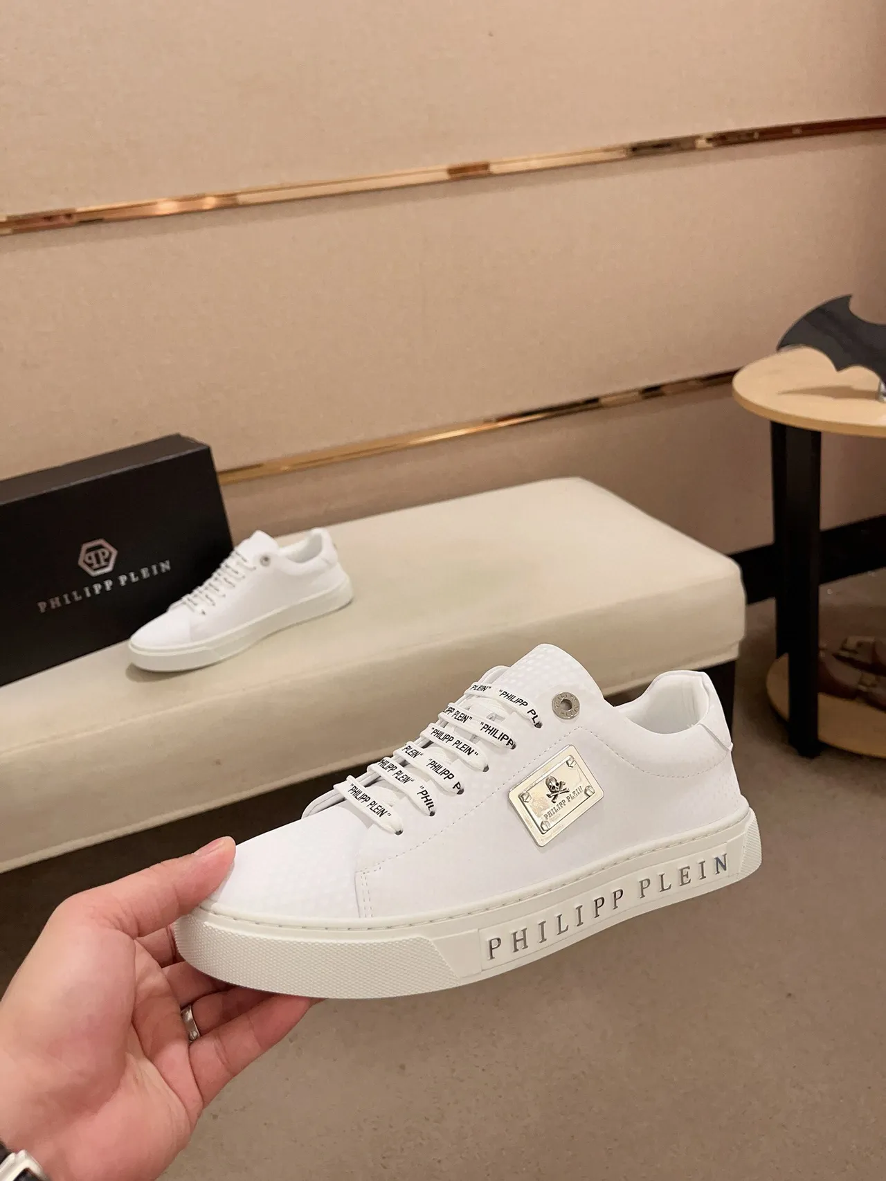Philipp Plein Chaussures Lifestyle Blanc Vert Empeigne En Cuir Texturé Lacets Tressés Marqués 3