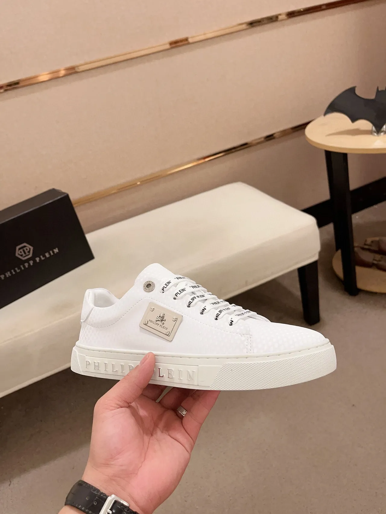 Philipp Plein Chaussures Lifestyle Blanc Vert Empeigne En Cuir Texturé Lacets Tressés Marqués 4
