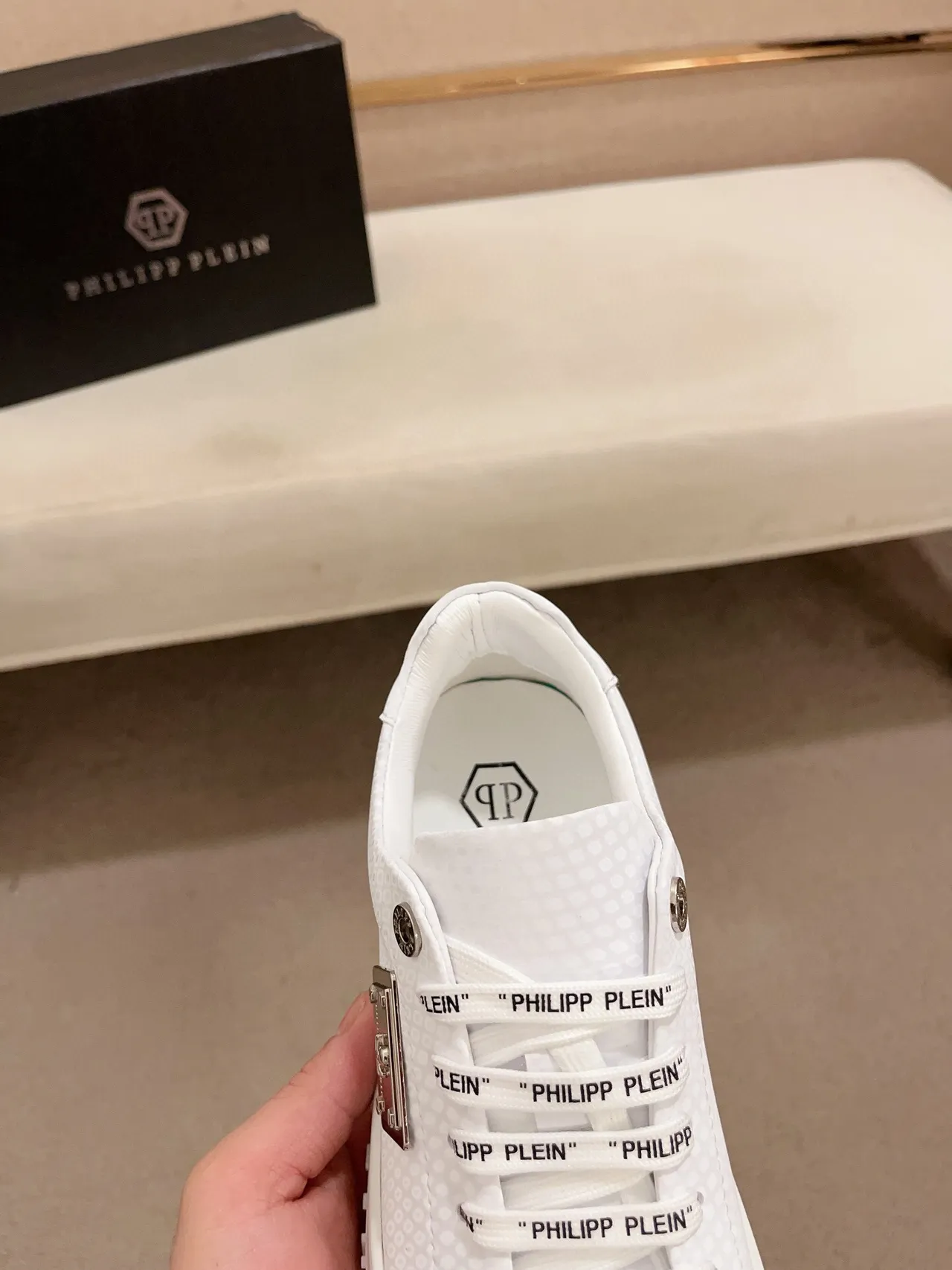 Philipp Plein Chaussures Lifestyle Blanc Vert Empeigne En Cuir Texturé Lacets Tressés Marqués 6