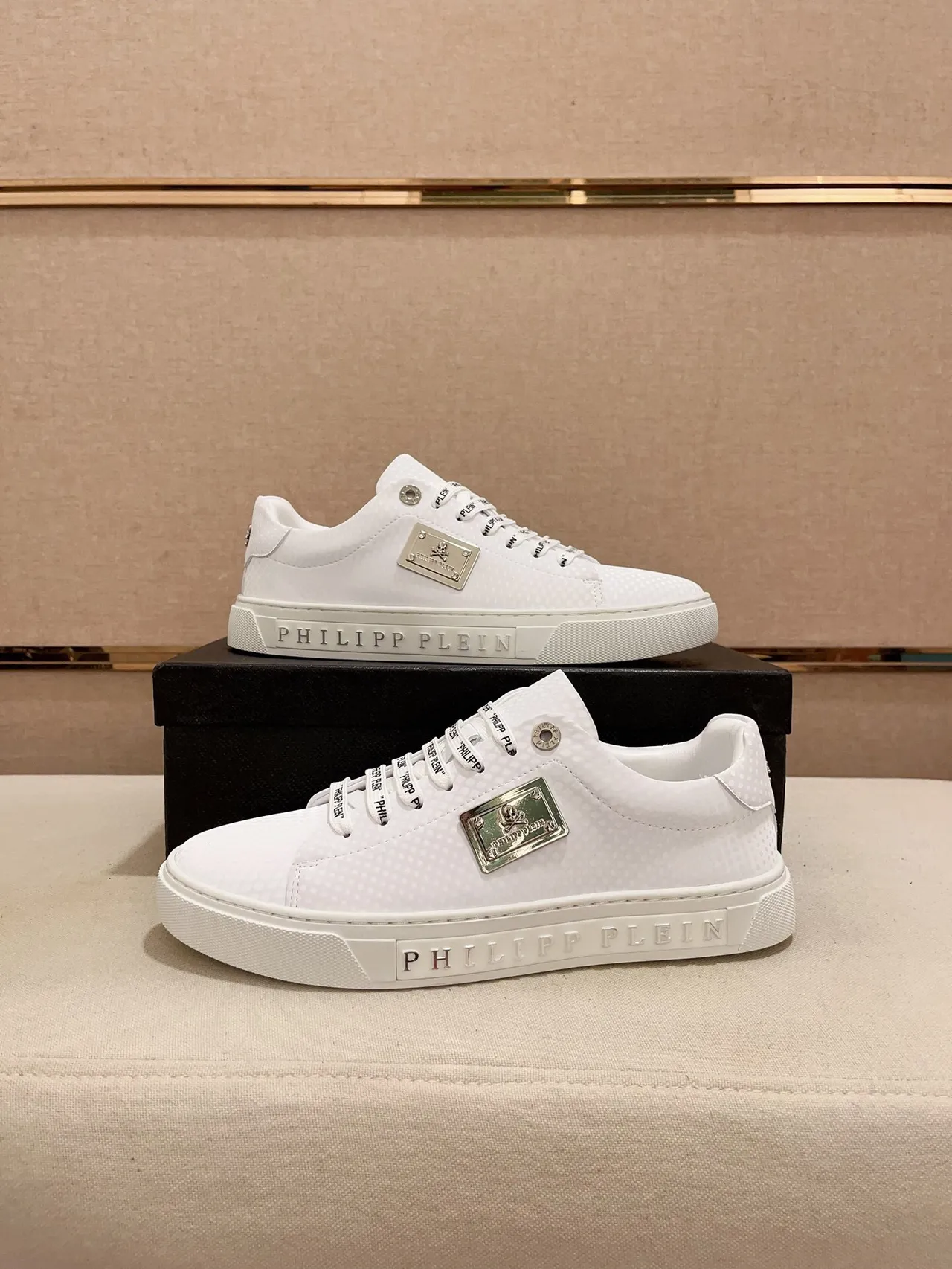 Philipp Plein Chaussures Lifestyle Blanc Vert Empeigne En Cuir Texturé Lacets Tressés Marqués 7
