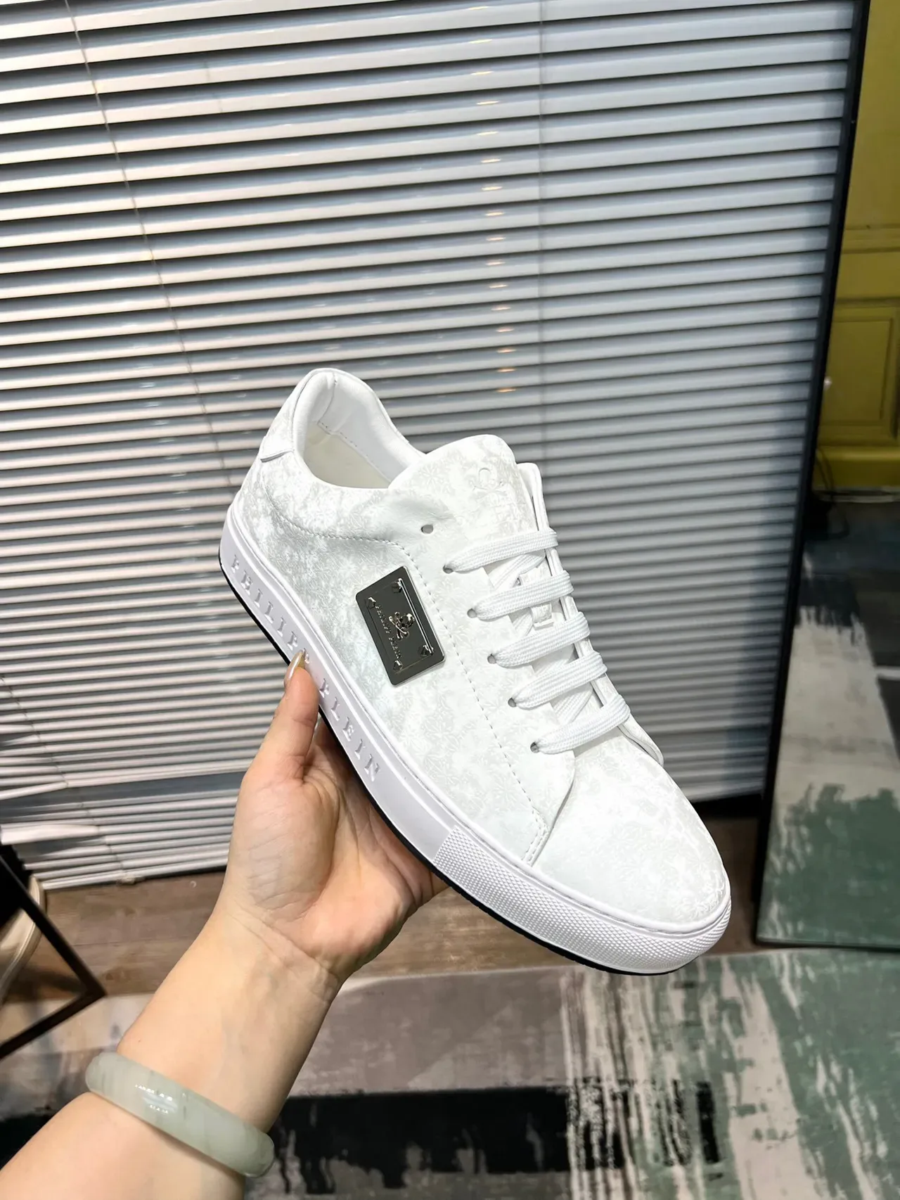 Philipp Plein White Textured Upper Metal Plaque Detail Sneakers 6