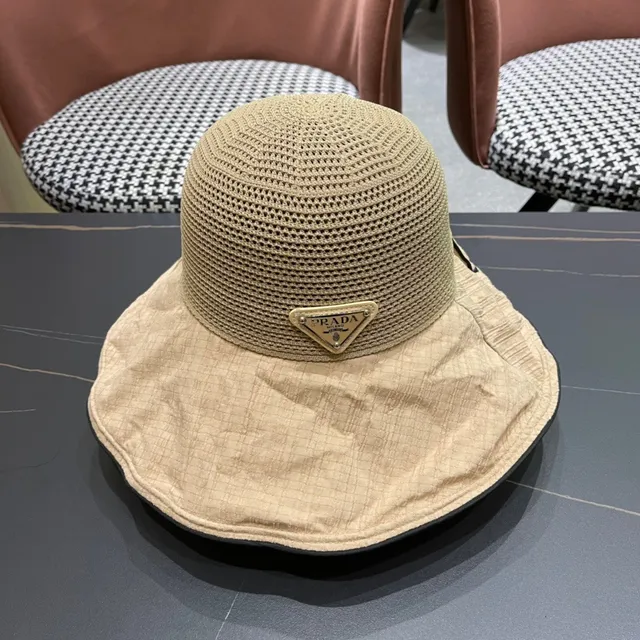 Prada Beige Black Lined Interior Mesh Crown Bucket Hat 3
