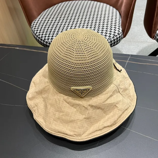 Prada Beige Black Lined Interior Mesh Crown Bucket Hat 7