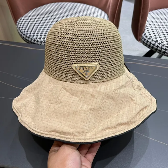 Prada Beige Black Lined Interior Mesh Crown Bucket Hat 8