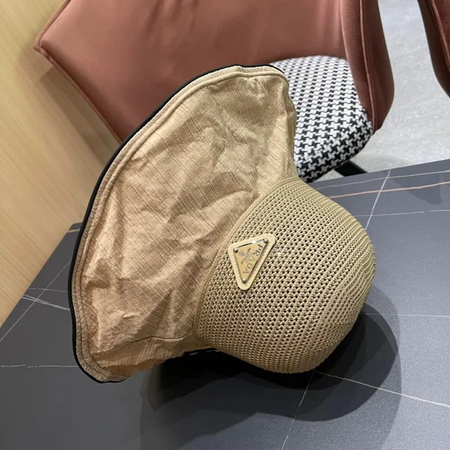 Prada Beige Black Lined Interior Mesh Crown Bucket Hat 11