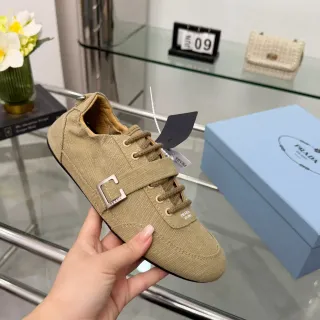 Prada Beige Black Upper C-Shaped Metal Buckle Strap Canvas Shoes