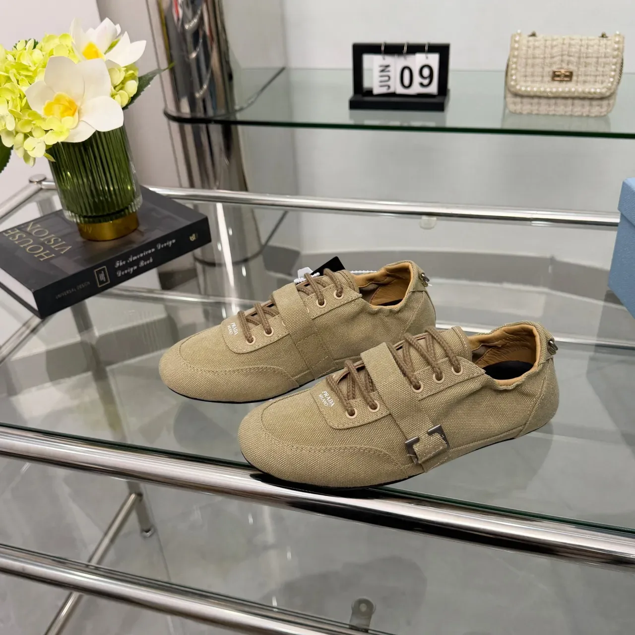 Prada Beige Black Upper C-Shaped Metal Buckle Strap Canvas Shoes 5