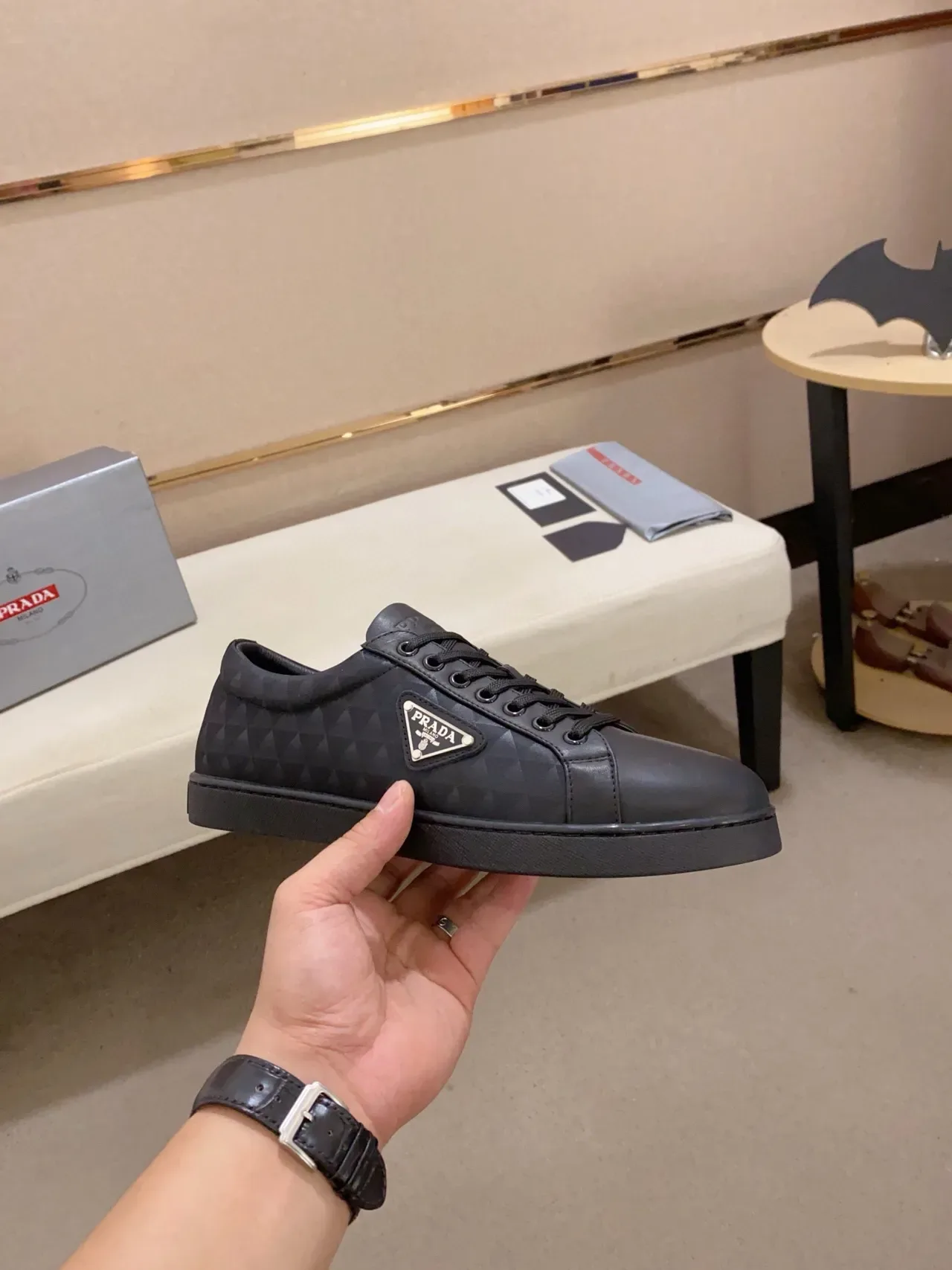 Prada Black Geometric Quilted Low-Top Lifestyle Sneaker 5