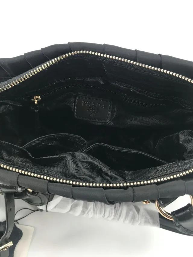 Prada Black Gold Ruched Nylon Hardware Handbag 2