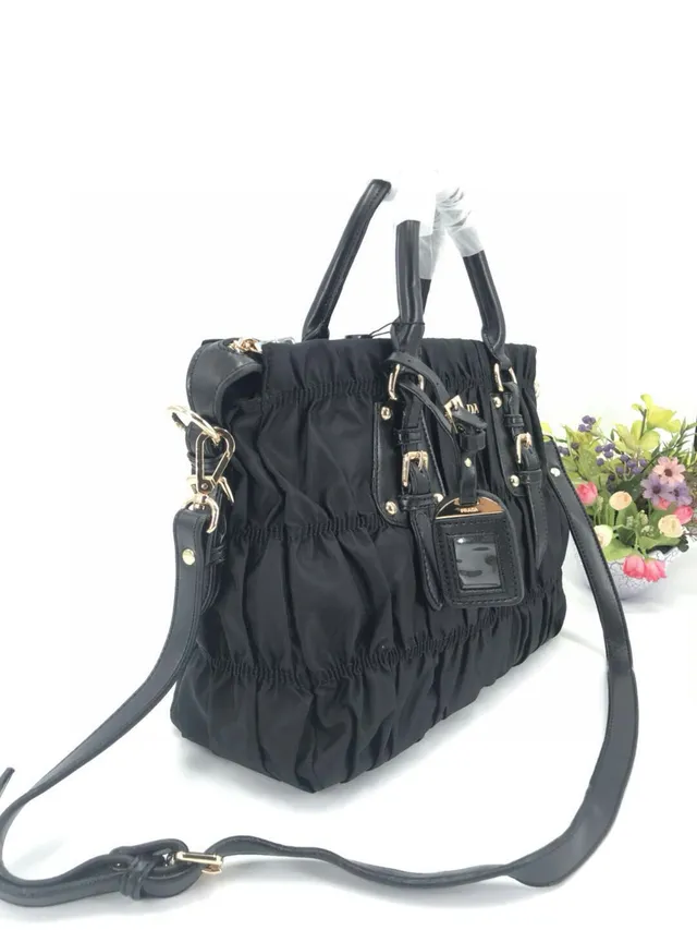 Prada Black Gold Ruched Nylon Hardware Handbag 6