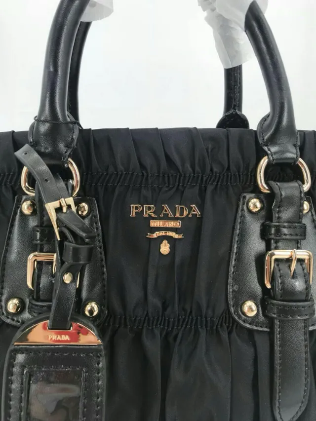 Prada Black Gold Ruched Nylon Hardware Handbag 7