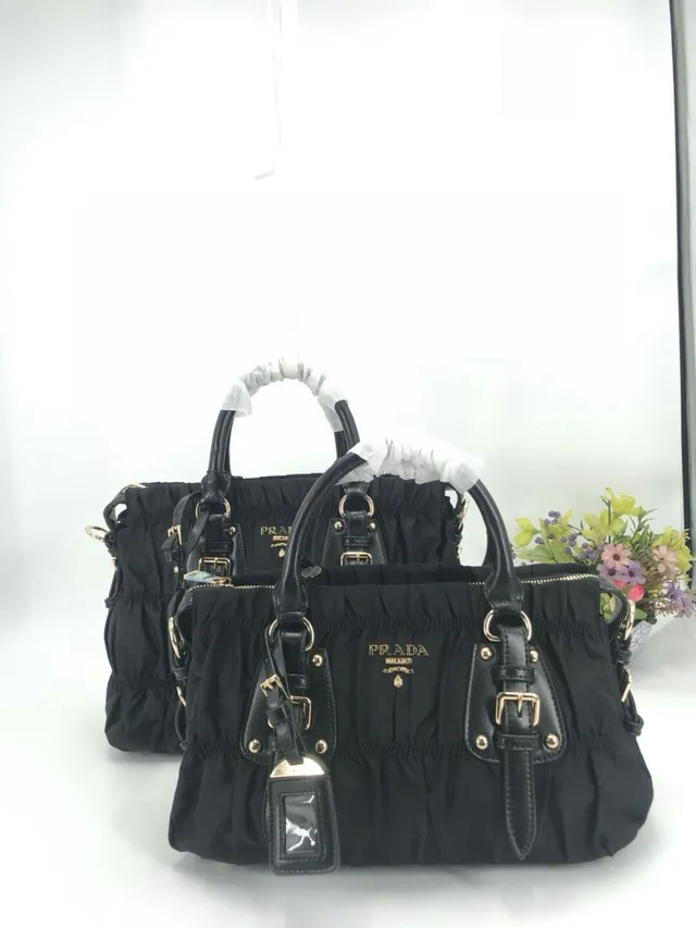 Prada Black Gold Ruched Nylon Hardware Handbag 8