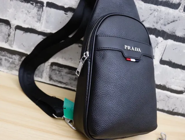 Prada Black Pebbled Leather Structured Silhouette Messenger Bag 9