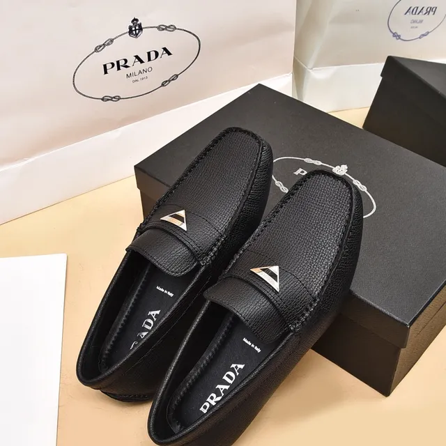 Prada Black Silver Textured Leather Metal Triangular Logo Plaque Loafer 3
