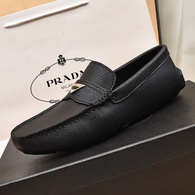 Prada Black Silver Textured Leather Metal Triangular Logo Plaque Loafer 5
